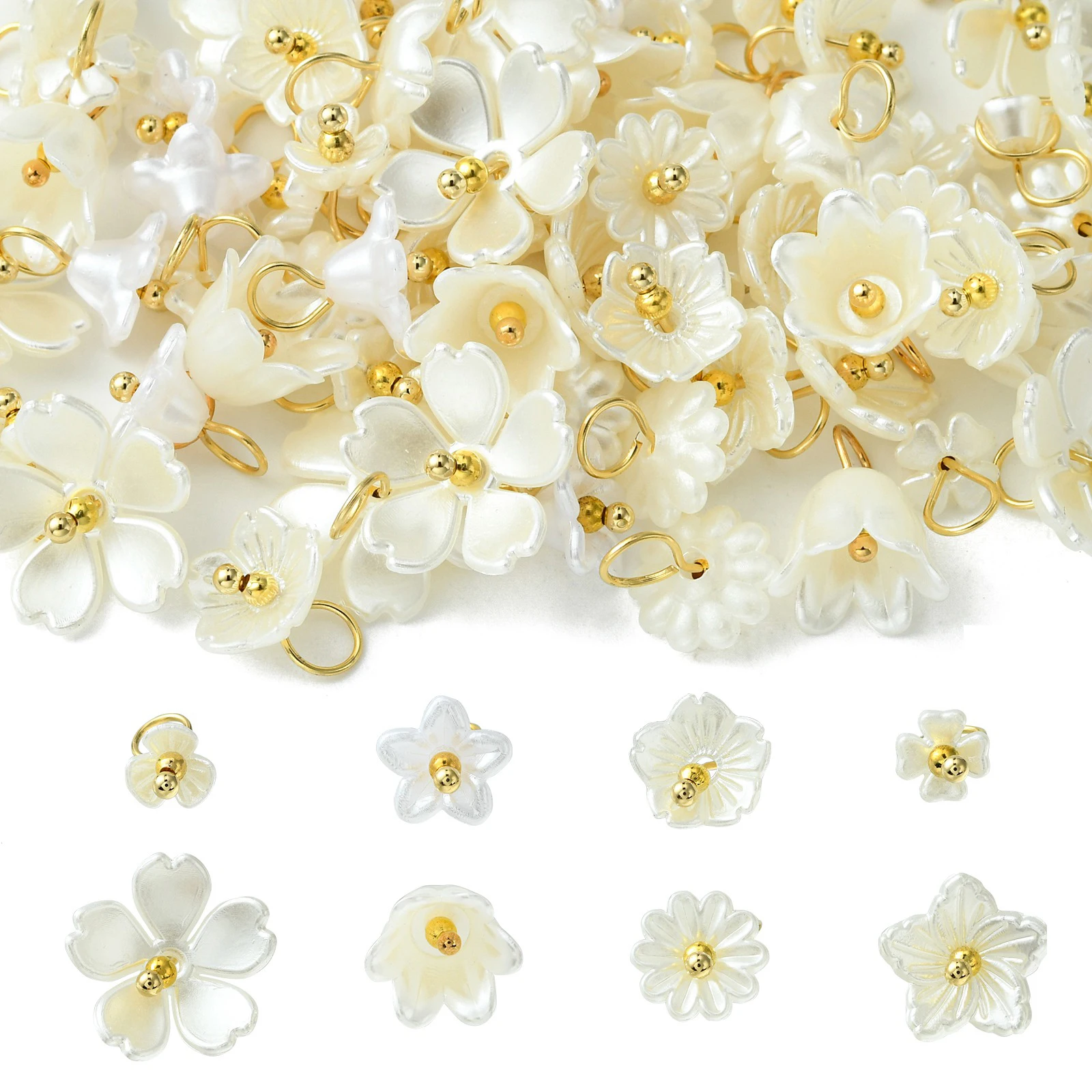 

Pandahall 80Pcs 8 Styles White Flower Charms Imitated Pearl Acrylic Flower Charms for Jewelry Crafts Making