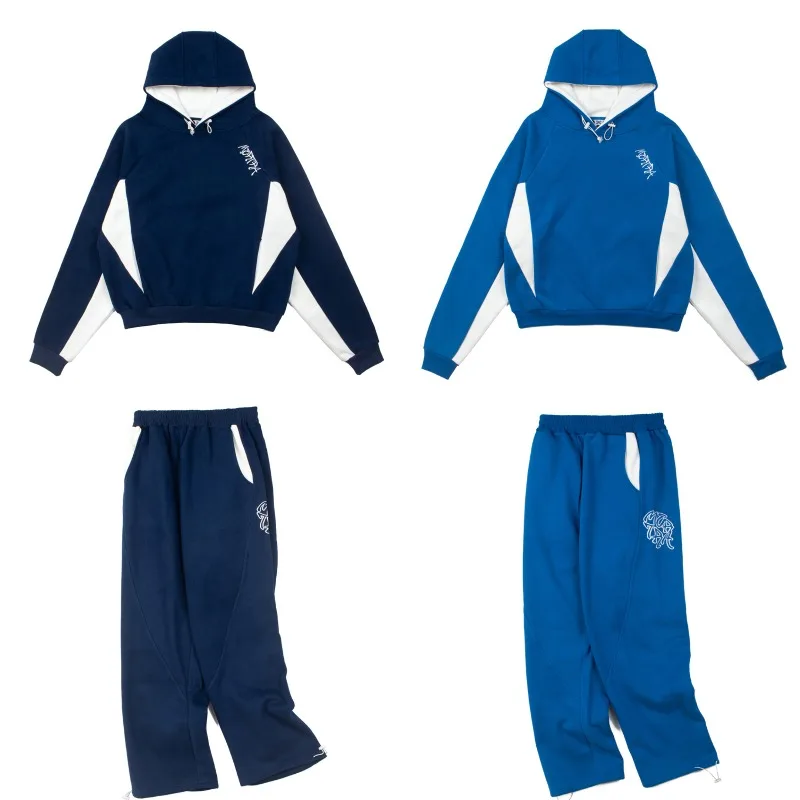 Autumn Winter Loose Casual Mertre 2‑Piece Outfit Color‑Block Pullover Hoodies Side Embroidery Adjustable Cuff Sweatpants Sets