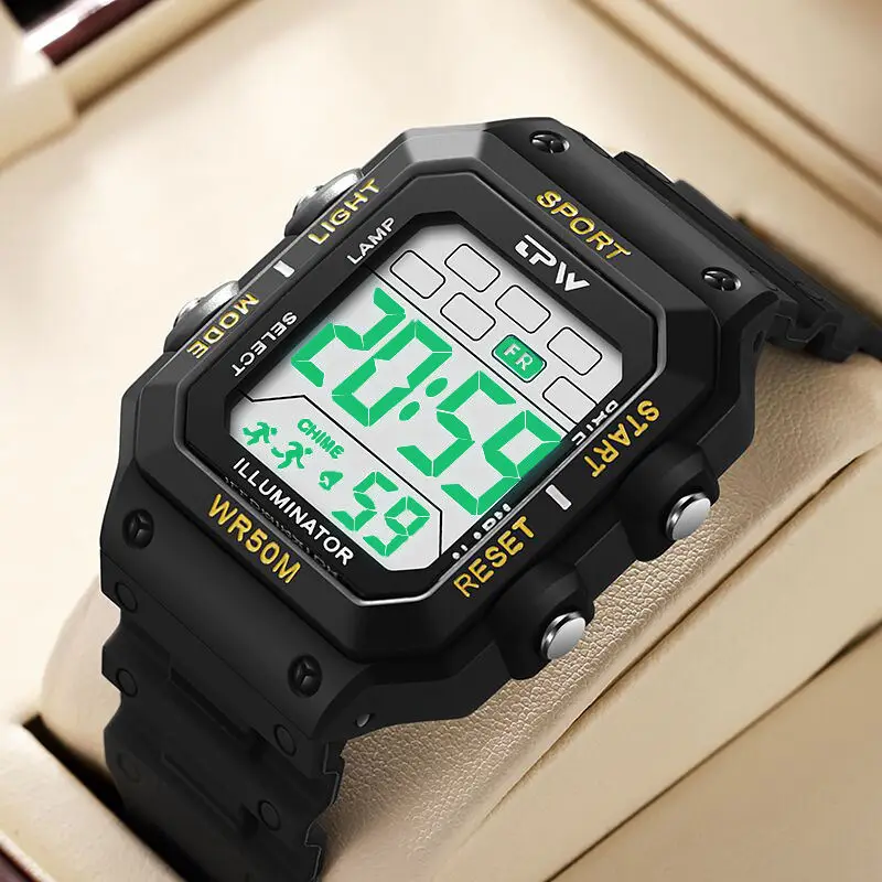 Outdoor Sports Trend Square Watch Large Electronic Screen Display Digital Wristwatch 50M Waterproof Shock-Resistant LED Clock