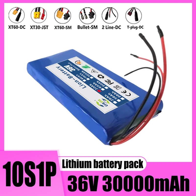 36V 30000mAh 10S1P large capacity battery pack 18650 lithium-ion rechargeable battery with BMS and multiple plug options