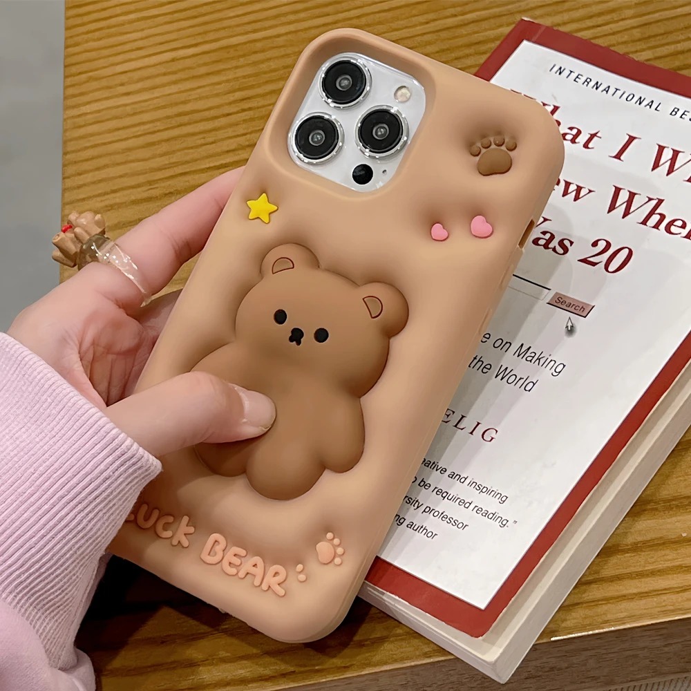 3D Cute Cartoon Luck Bear Soft Silicone Phone Case for iPhone 15 14 13 12 11 Pro Max Reliver Stress Shockproof Back Cover Shell