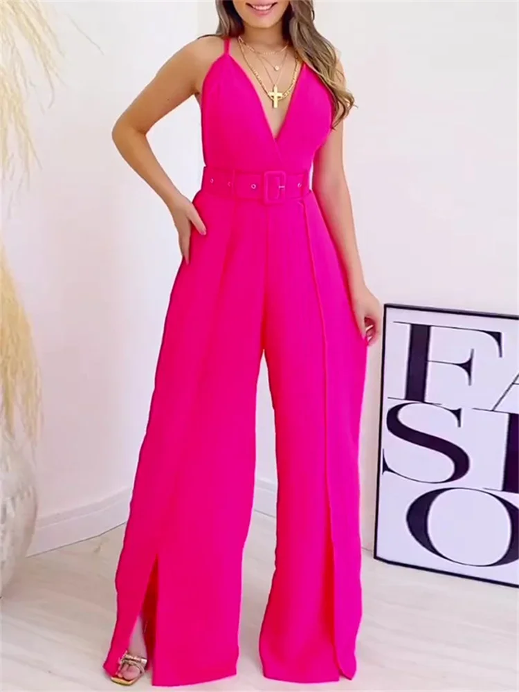 Wmstar Women Jumpsuit Summer Elegant Fashion Solid Color Spaghetti Strap V Neck oose Wide Legs Slit Wide Leg Romper with Belt