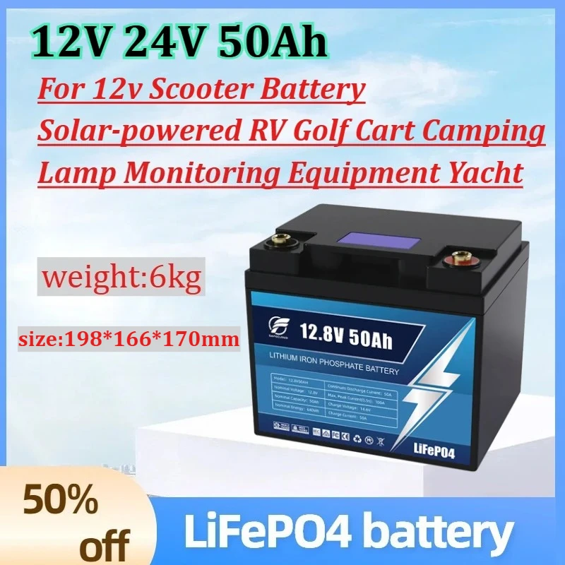 

12V 24V 50Ah LiFePO4 Battery for 12v Scooter Battery Solar-powered RV Golf Cart Camping Lamp Monitoring Equipment Yacht