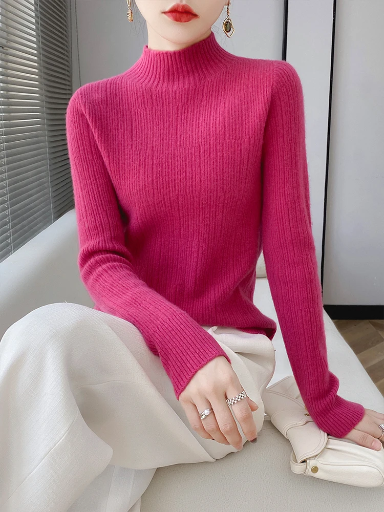 Confortável quente macio feminino mock neck pulôver 100% lã merino camisola de malha outono inverno feminino manga longa roupas topos