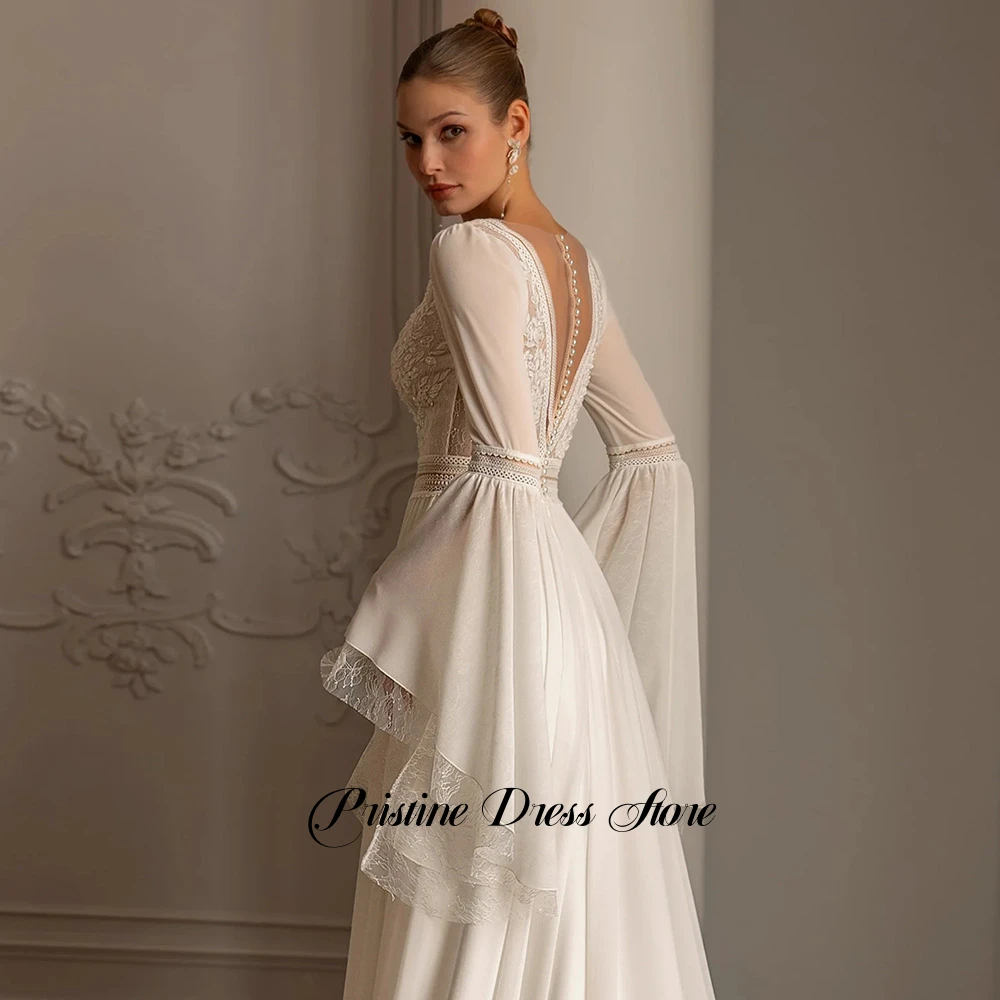 Stunning Flare Sleeves Chiffon Bohemia Wedding Dress with Side Slit Sweep Train Deep V-neck Appliques Lace Sequined Bridal Gowns