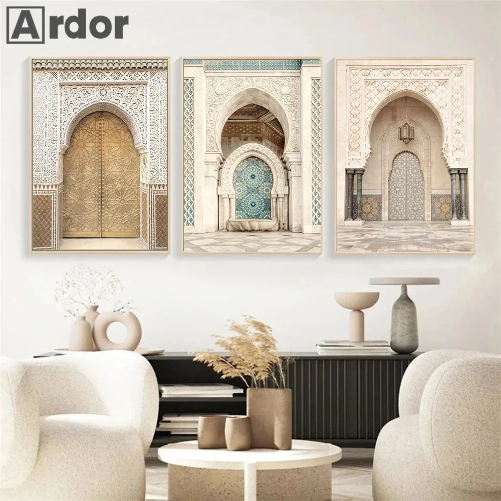 Islamic Architecture Posters Moroccan Door Boho Arabic Mosque Prints Canvas Painting Wall Art Pictures Living Room Home Decor