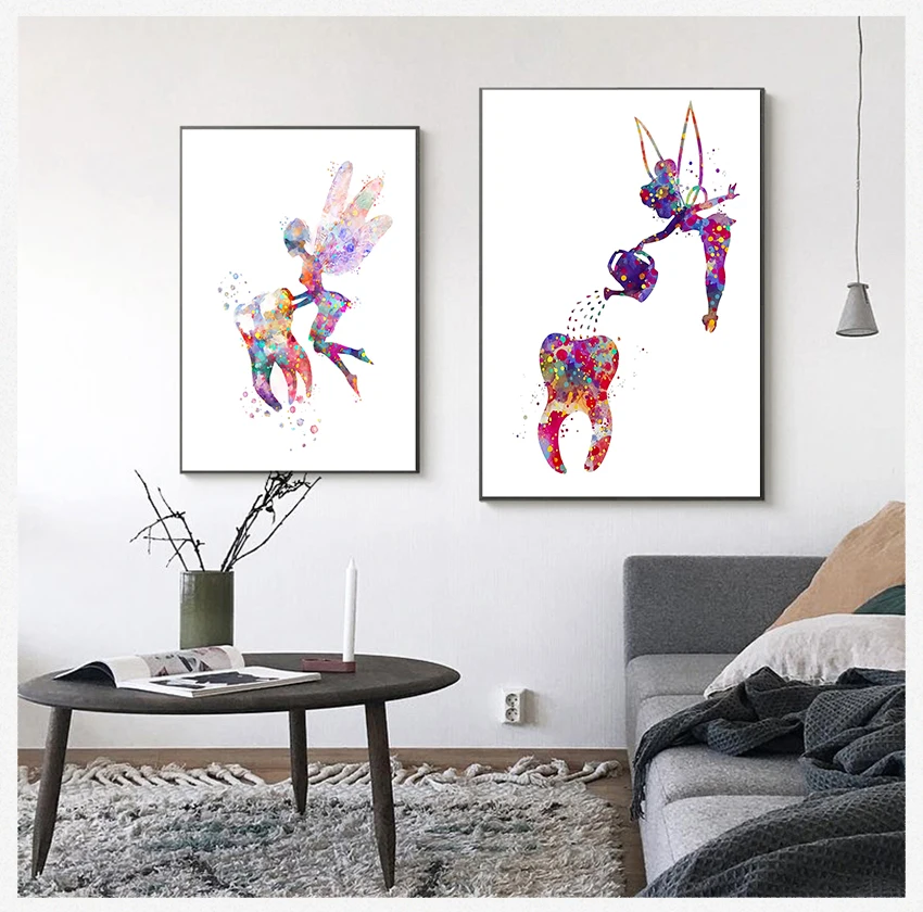 Wall Art Poster Dental Hygienist Canvas Print Teeth Wall Pictures Clinic Decor Dental Art Tooth Fairy Canvas Painting Watercolor