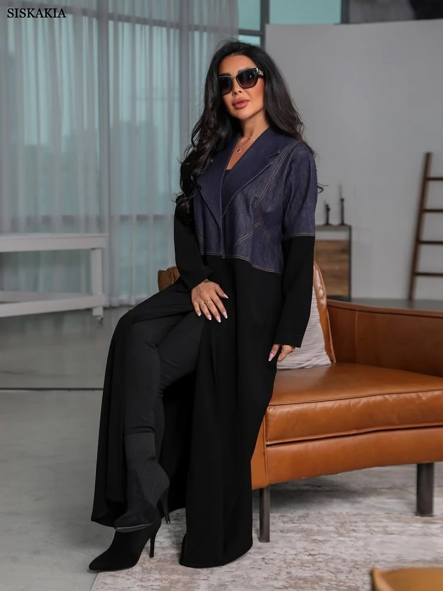 

Siskakia New Dubai Fashion Denim Abaya Elegant Patchwork Cardigan Morocco Long Sleeve Dress Women Muslim