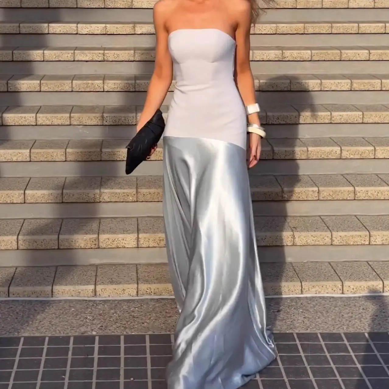 Sexy Strapl Ele Patchwork Cetim Svel Dr Cintura Alta One Step Saia Poliéster Primavera Básico Sle Outro Material