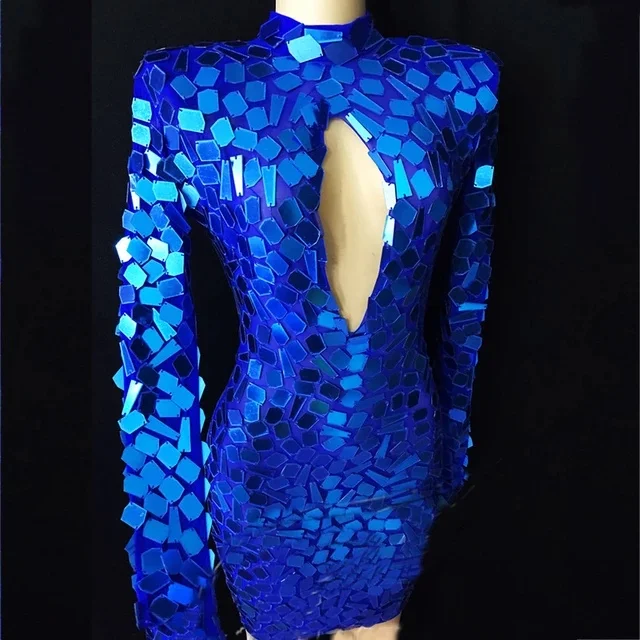 Sexy Blue Shining Lens Short Dress Birthday Celebrate Costome Stretch Skirt Evening Party Wear Prom Sequins Dresses Singer