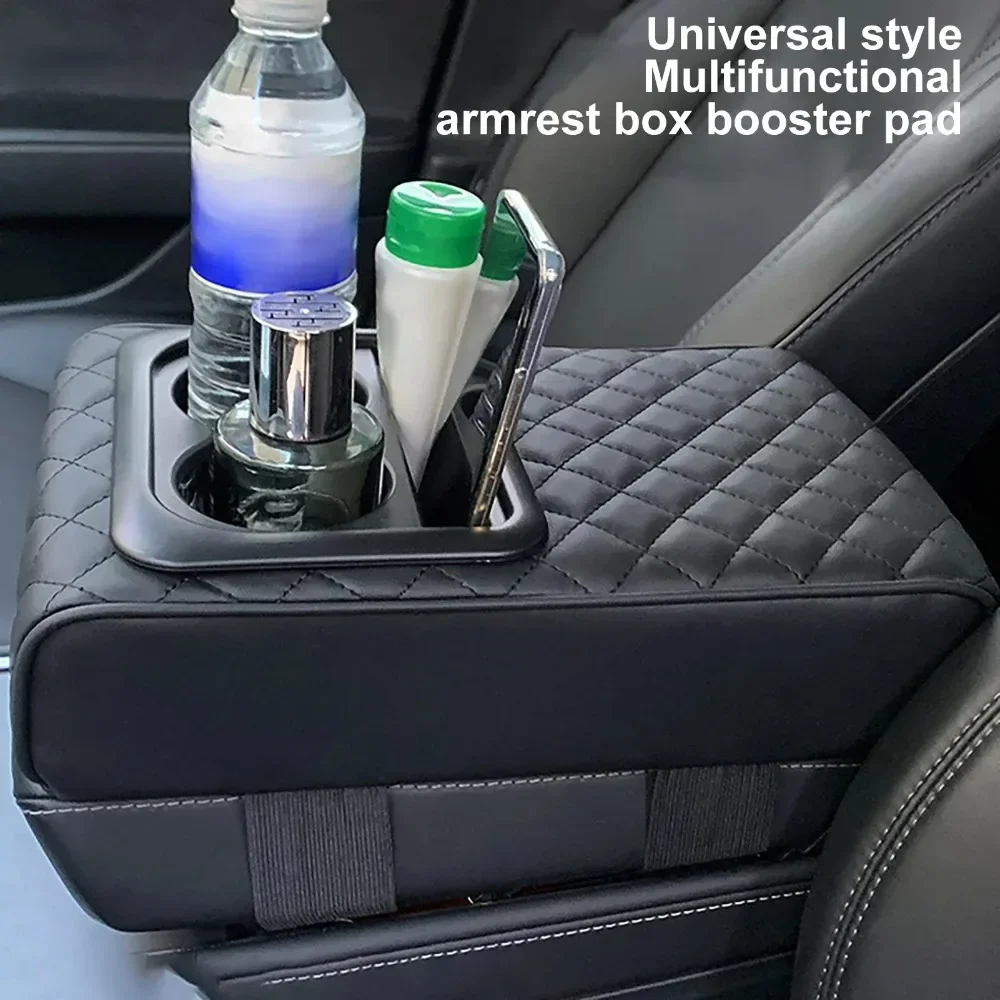 Car Armrest Box Cushion Auto Center Console Armrest Cushion With 2 Cup Holder PU Leather Armrest Pad Portable Car Armrest