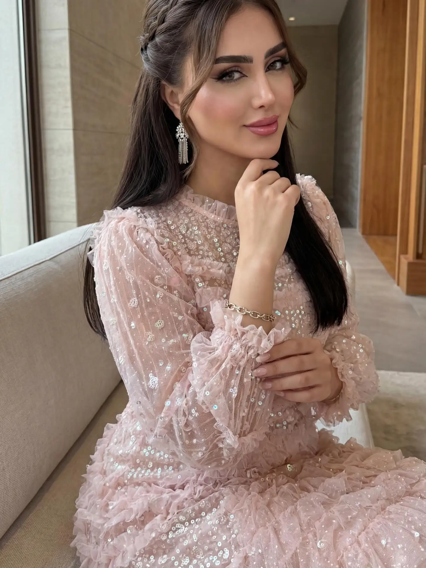 Customize Elegant Pink Sequin Lace Ankle Length Festival Dress Women High Neck Ruffle Long Sleeve Formal Evening Party Prom Gown - view 4