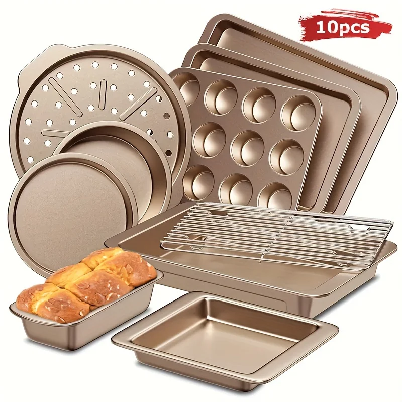 

10pcs Non-Stick Baking Pans Set - Deluxe Carbon Steel Bakeware Set W/ Cookie Sheets, Muffin Pan, Roasting Pan, Cake Pan, Baking Tray, Pizza Pan - Easy to Clean