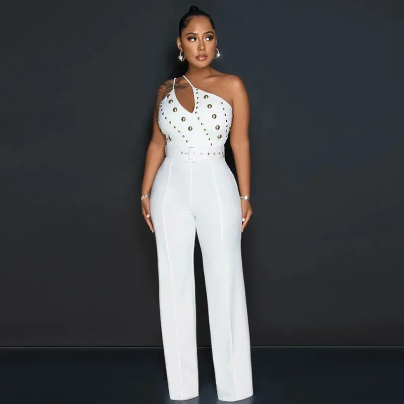 Elegant Wide Leg Jumpsuit Women One Shoulder Cut Out Sleeveless Backless Rompers Womens Jumpsuits Rivet One Piece Club Outfits