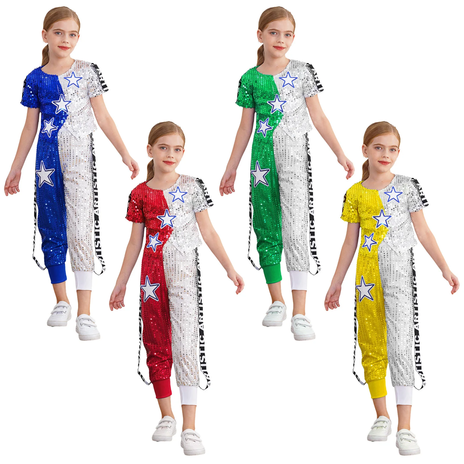 Crianças roupas de dança hip hop meninas meninos lantejoulas brilhantes traje de discoteca estrela de cinco pontas camiseta e calças conjunto de roupas de dança moderna