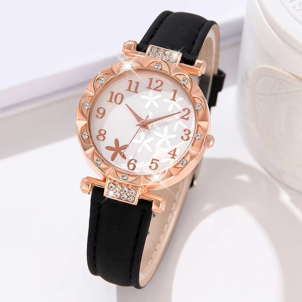 1PCS Simple Luxury Flower Element Leather Strap Watch Black Casual Fashion Quartz Watch Is The Perfect Gift For Her (No Box)