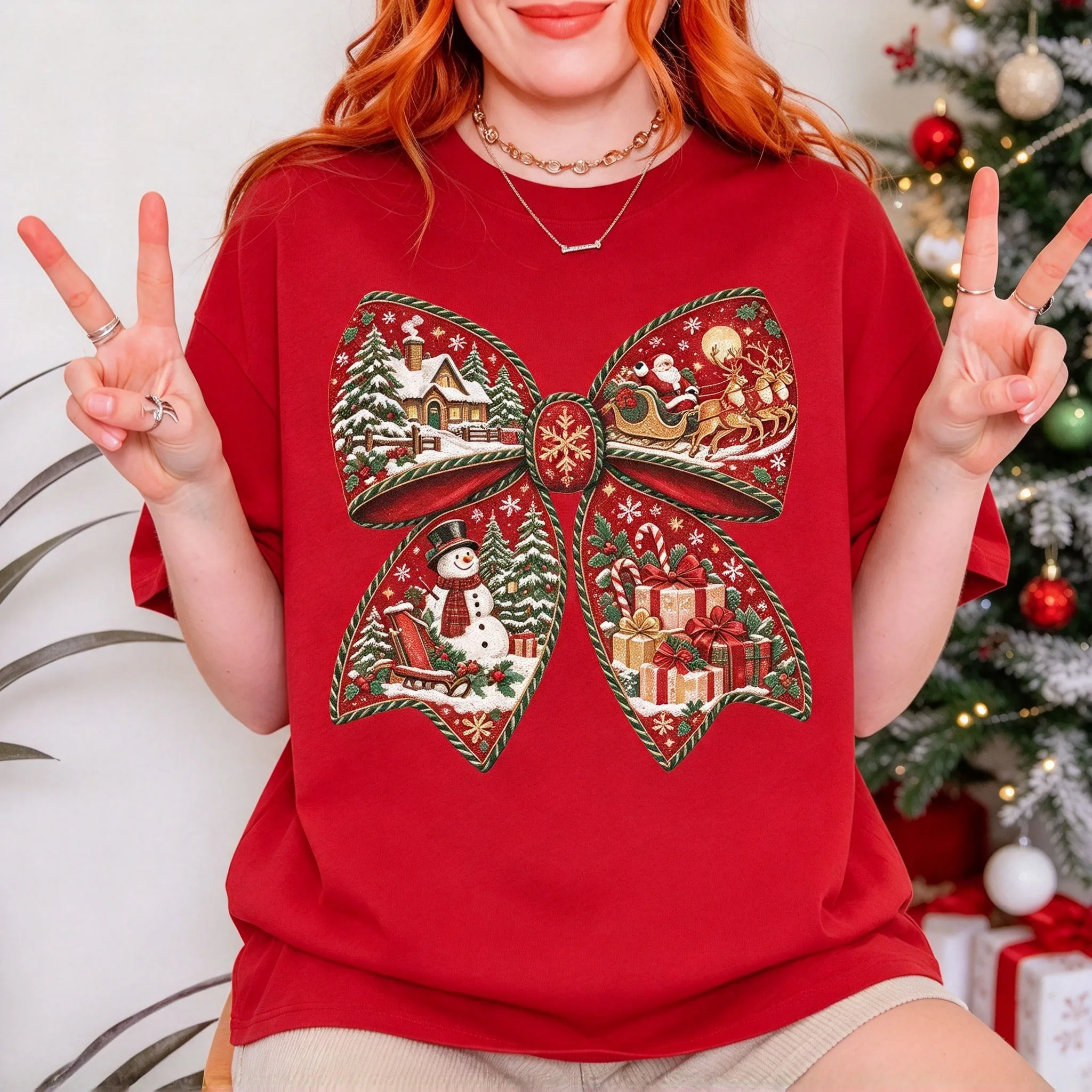 Women Crew Neck Short Sleeve T Shirt Giant Bow With Christmas Winter Scene Santa Snowman Gift Print Holiday Tee