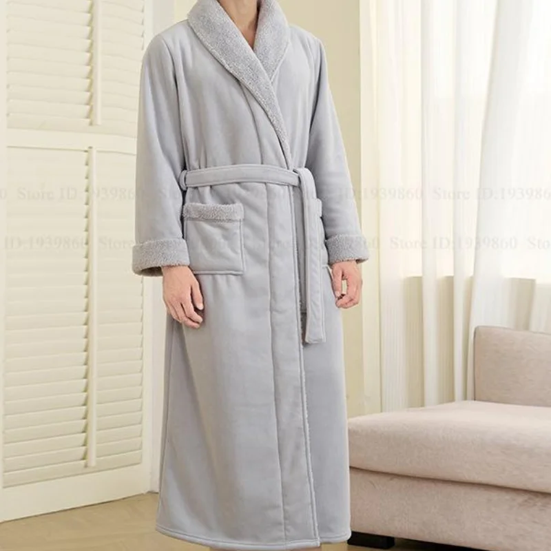Gaun Jubah Mandi Kimono Jubah Panjang Pria Flanel Tebal Pakaian Tidur Pria Bulu Karang Hangat Pakaian Santai Piyama Pakaian Rumah Musim Gugur Musim Dingin