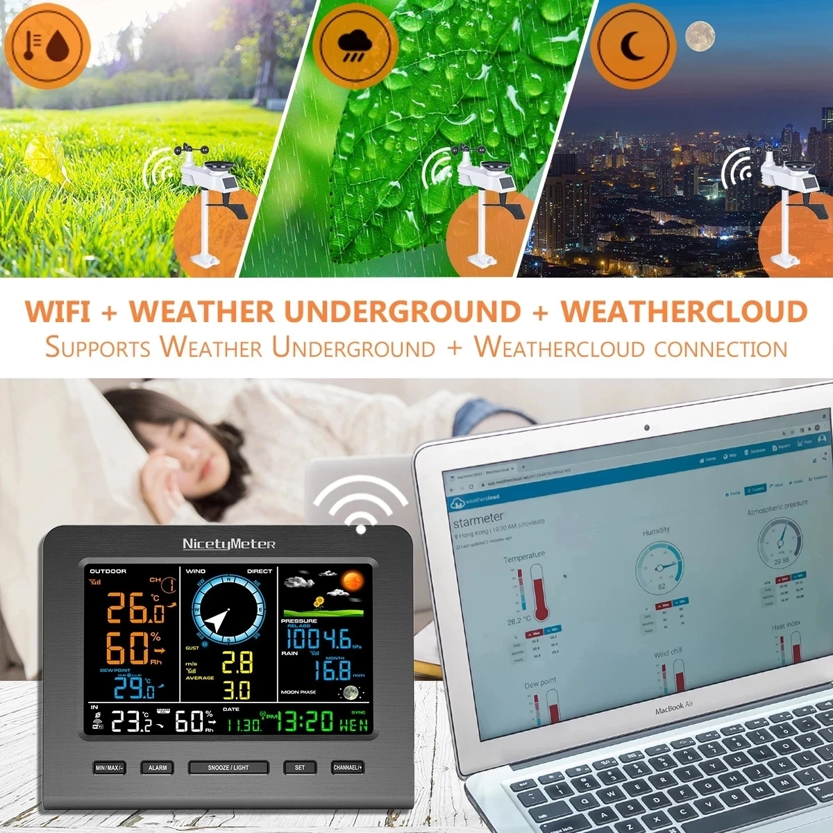 Internet Wireless Weather Station Weather Forecast Temperature Pressure Humidity Wind Rain Gauge Moon Phrase Alarm Clock Tester