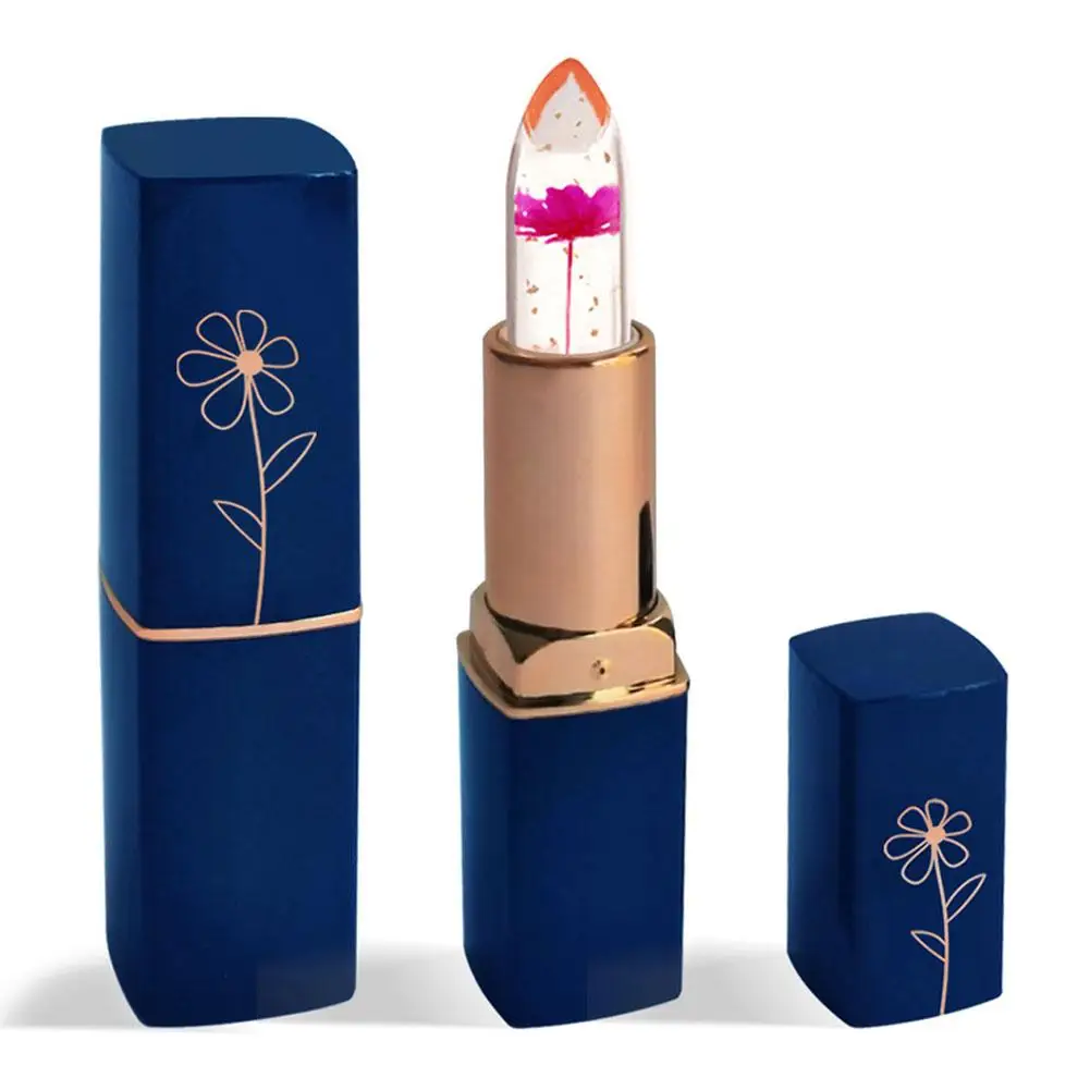 Balsamo per le labbra tubo blu scuro trasparente rossetto fiore essiccato oro Lip Jelly colore foglia cura che cambia idratante I7s1
