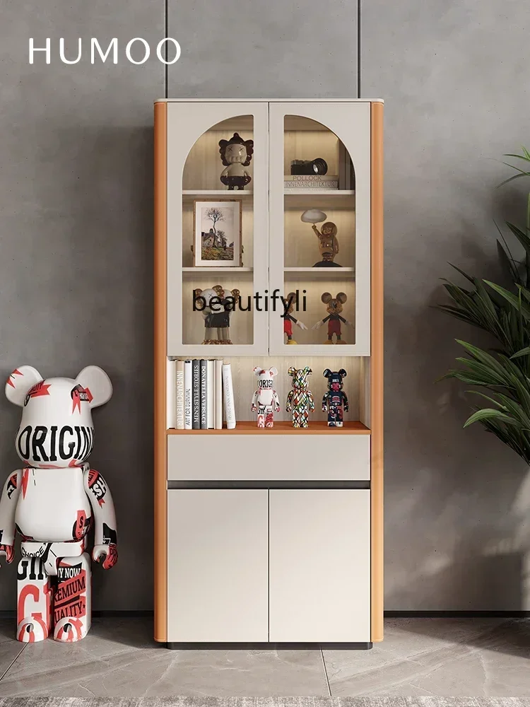 

V cqyLight Luxury Home Study Bookcase Saddle Leather Wall Display Cabinet Solid Wood Locker Storage Cabinet