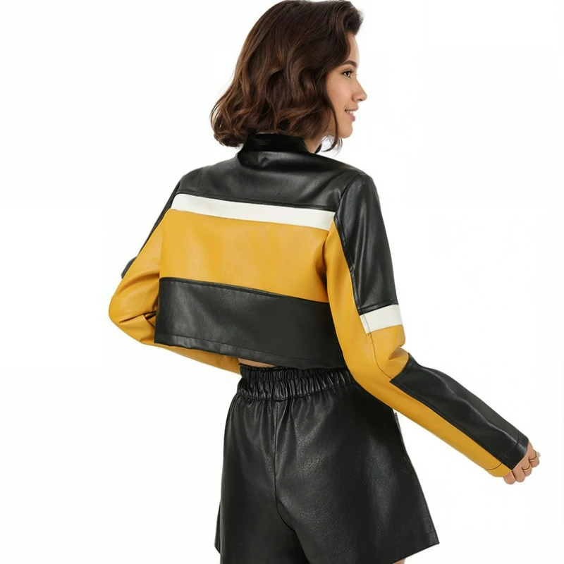 2026 Nuova giacca in pelle sexy europea americana patchwork in pelle PU con blocco sottile corto cappotto in pelle da motociclista alla moda per le donne