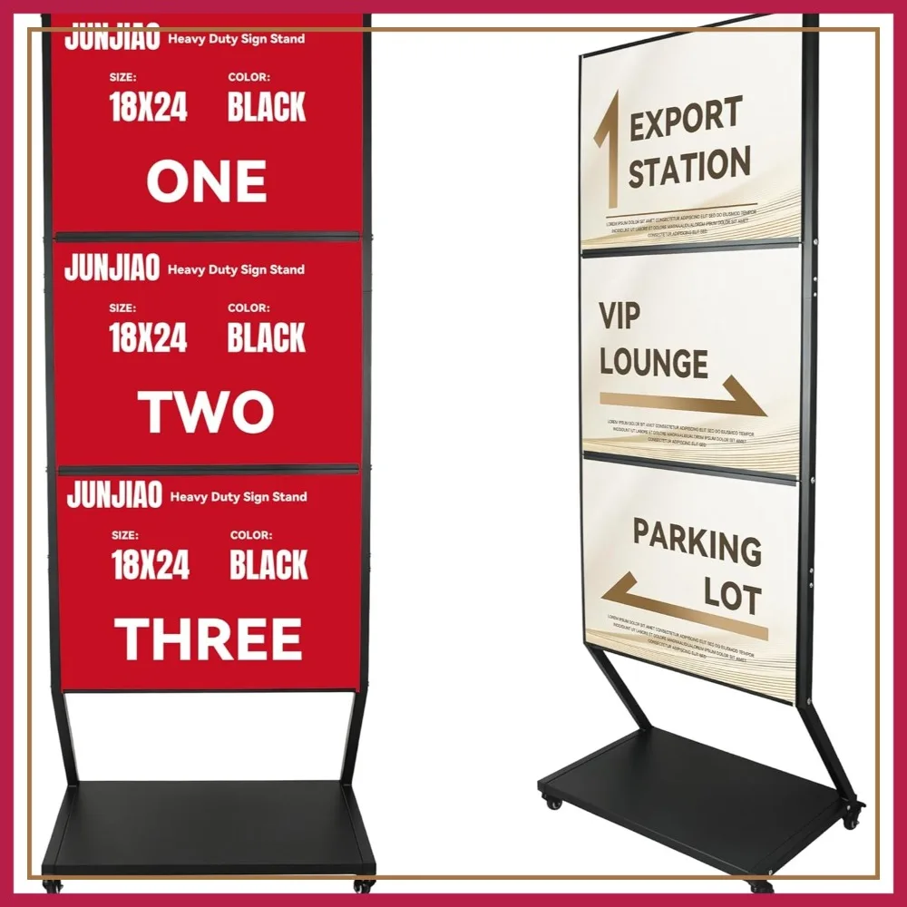 

Heavy Duty Floor Sign Stand, Triple 18x24 Poster Display with Anti-Glare Lenses, Side-Loading Commercial Signage for Retail & Trade Shows