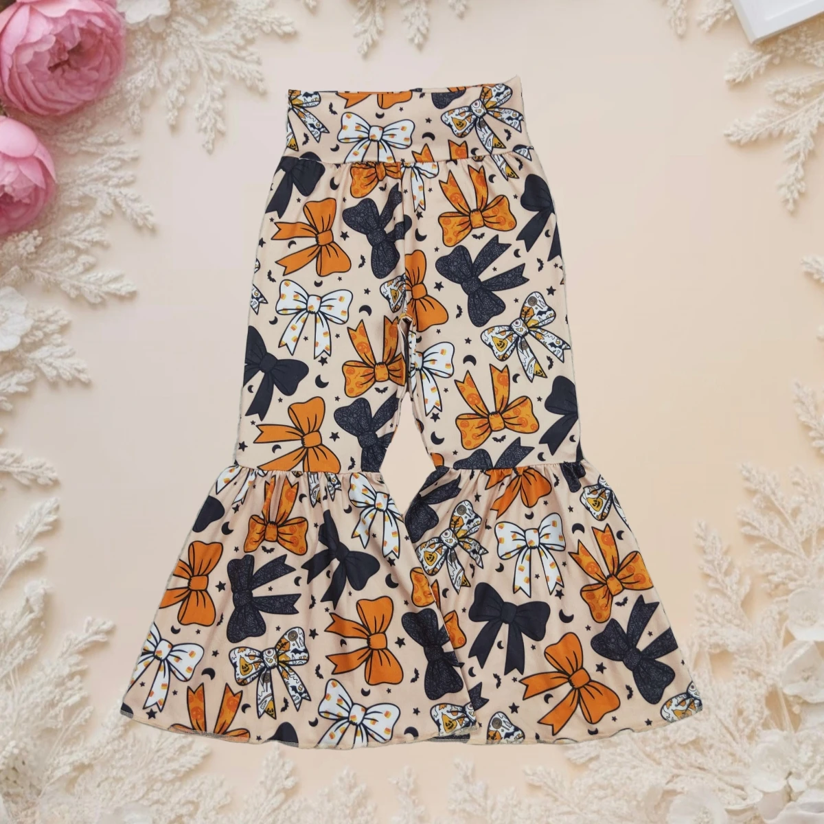 

Hot Sale Cute Fashion Baby Girls Halloween Costume Bell Bottom Pants with Bows Orange Black Ghost Theme Toddler Infant Wholesale