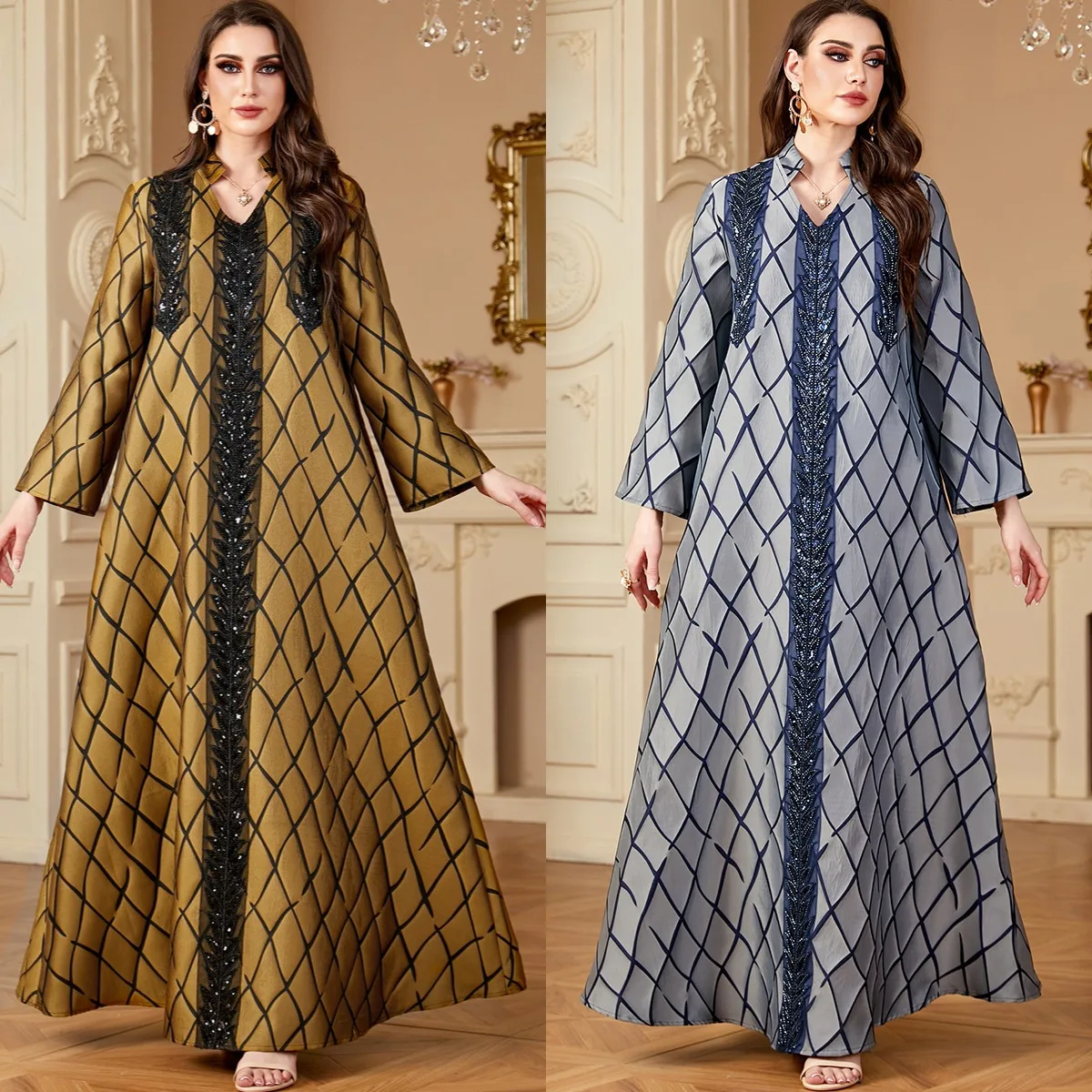 UNI Ramadan Muslim Stripe Abayas for Women's Sequins Patchwork Dresses V-Neck Casual Loose Stylish Dress Kebaya 2024