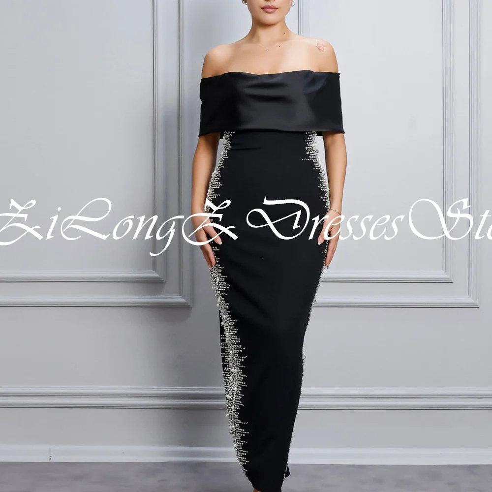 Elegant Party Evening Dresses Off the Shoulder Straight Saudi Arabia Long Beaded Evening Gowns Jersey Back Silt Boat Neck