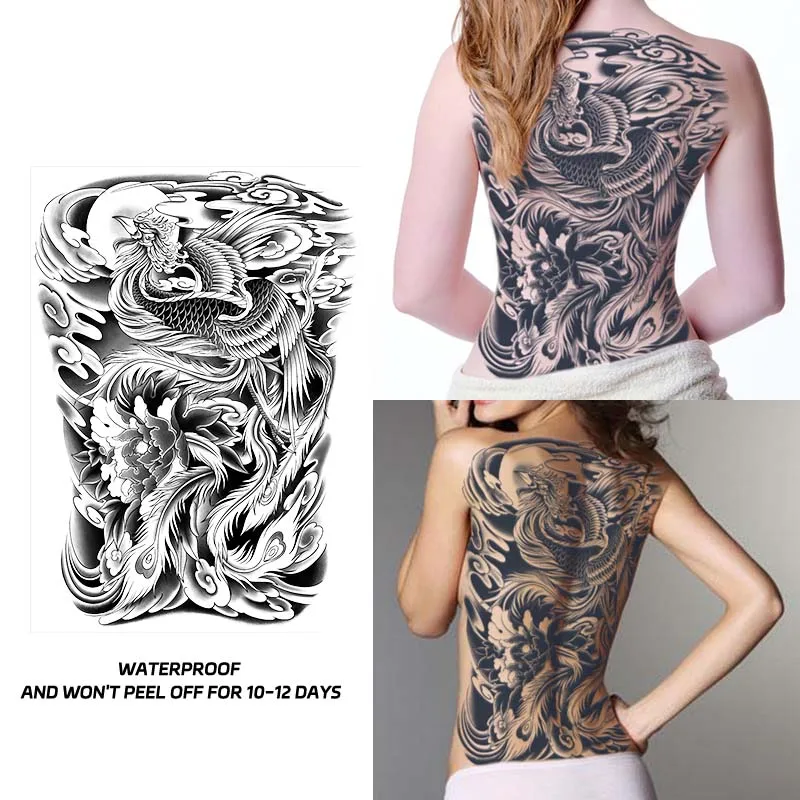 Fiery Phoenix Full Back Waterproof Tattoo Sticker, Long-lasting Waterproof for 1-2 Weeks, Realistic Semi-Permanent Fake Tattoo