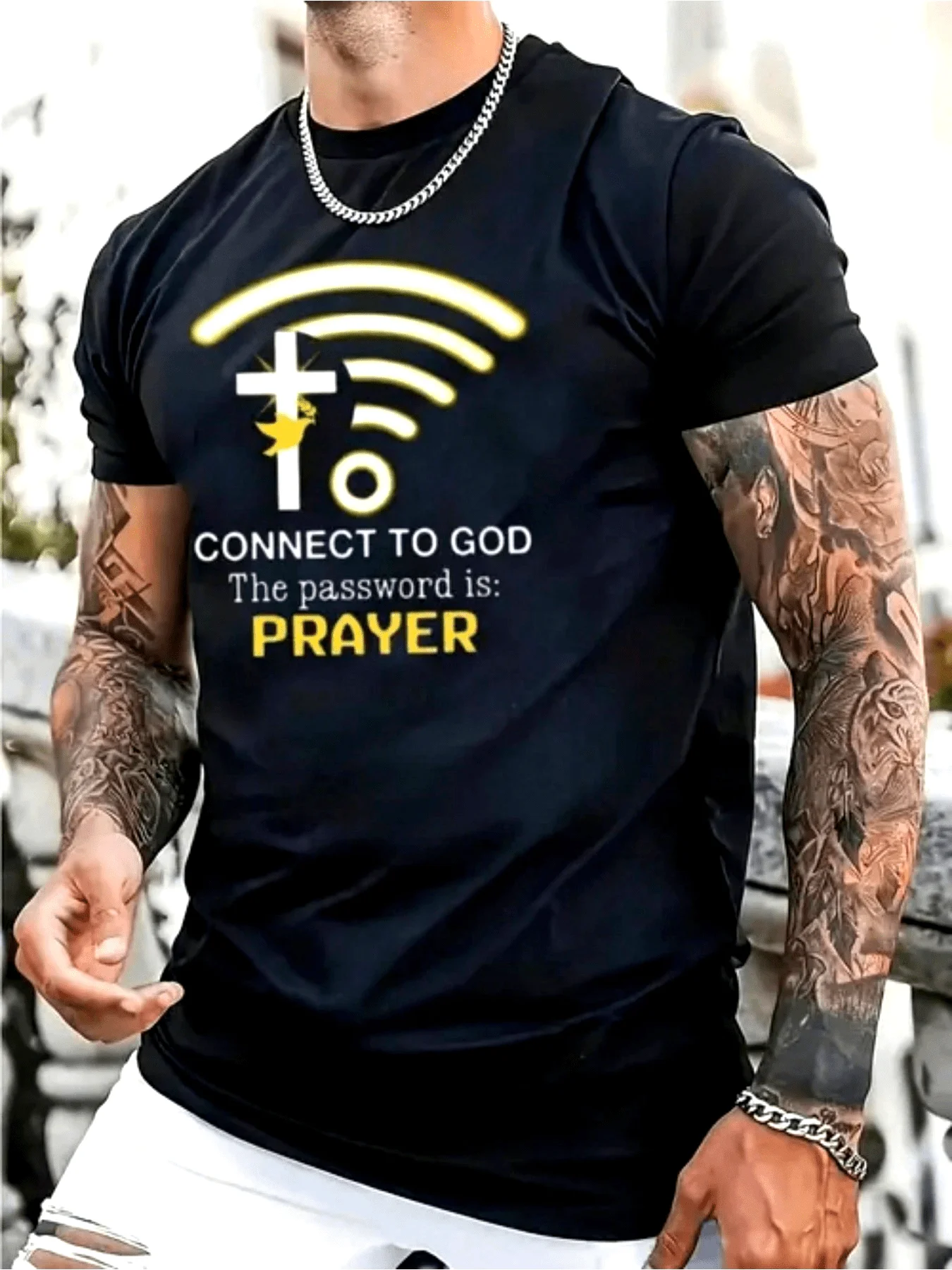 Connect To God Password WiFi & Cross Graphic T-Shirt 100% Cotton O-Neck Short Sleeve Summer Casual Mens T-shirt Streetwear