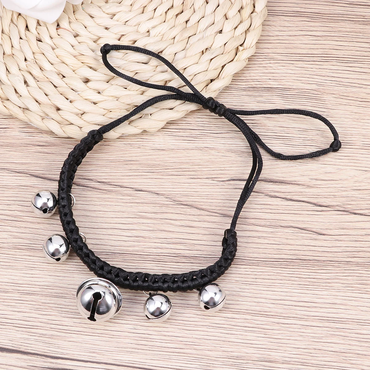 

Hand Woven Necklace Adjustable Small Hollow Bell Collar Pet Ring Dog Collar Personalized Collars Size M Black