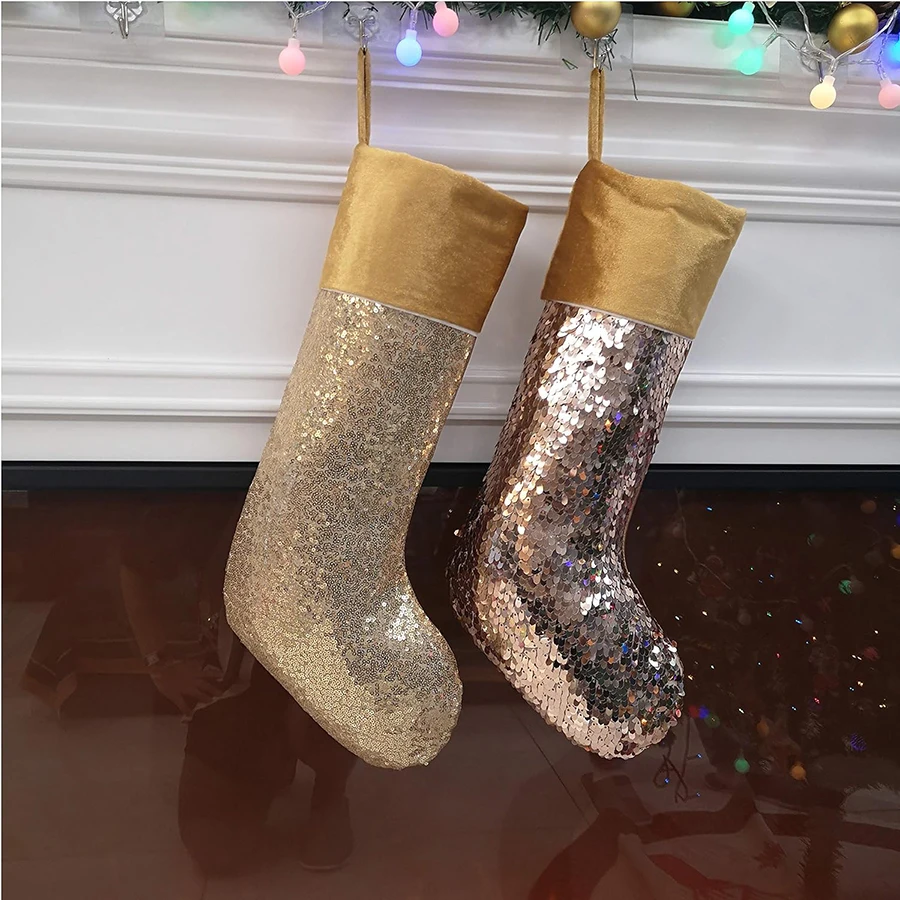 2 PCS 20 Inch Sparkle Sequin Christmas Stockings Glitter Xmas Holiday Party Supplies Gifts for Kids Family Extra Long Decoration