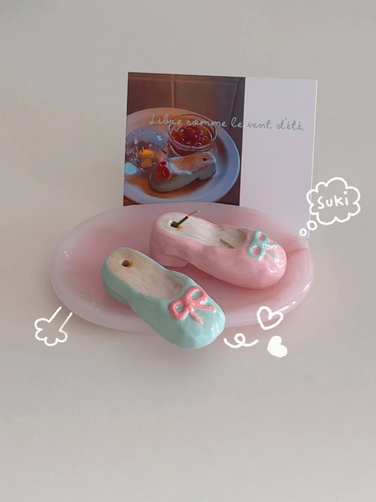 Cute Ceramic High Heel Incense Holder, Handmade Bowknot Shoe Candle Holder, Ins Style Photography Prop Home Decor Art Holder Set