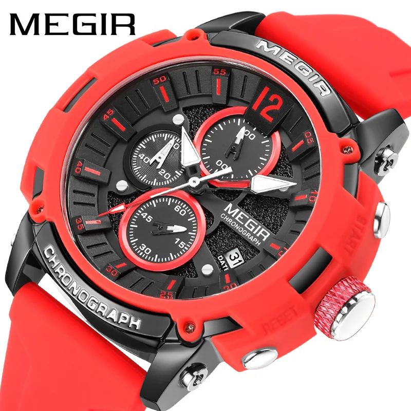 MEGIR 2208 Men's Quartz Watch Leisure Sports Outdoors Date Luminous Red Orange Blue Silicone Strap Wristswatch for Male Clock