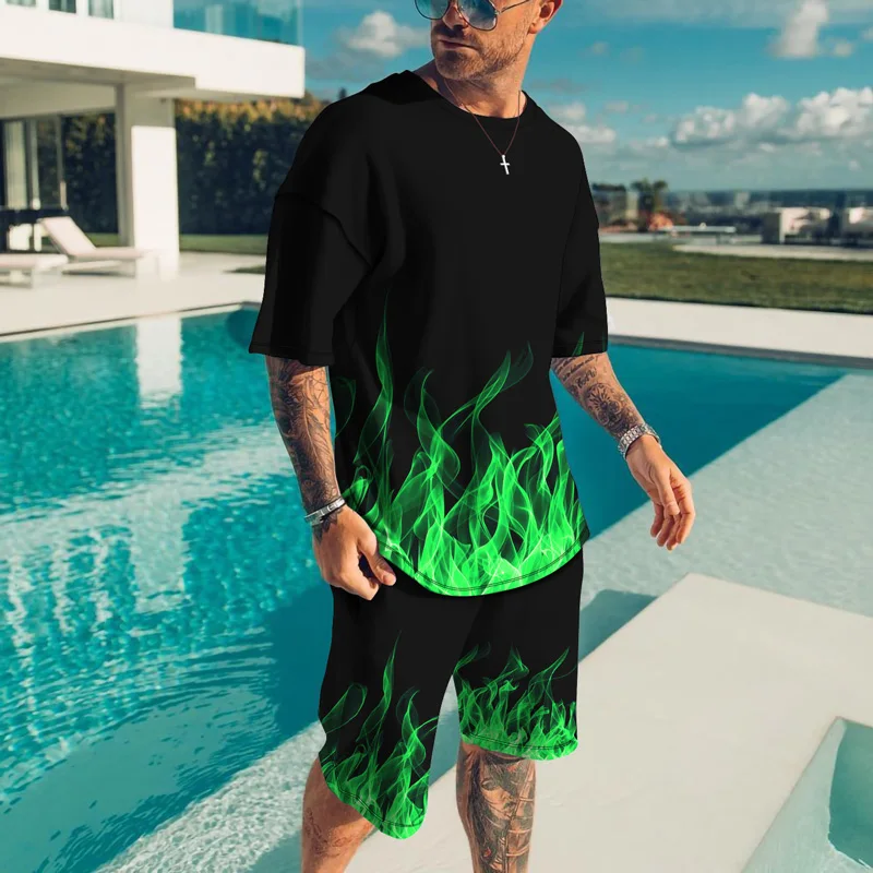 Flame 3D Print T-Shirts Shorts Sets Men's Casual Tracksuits Fashion Oversized Short Sleeve T Shirt Pants Set Man Suits Clothing