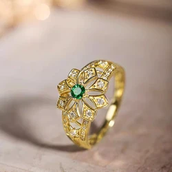 Huitan Hollow Flower Design Gold Color Rings for Women Luxury Green/White Cubic Zircon Wedding Party Temperament Female Jewelry