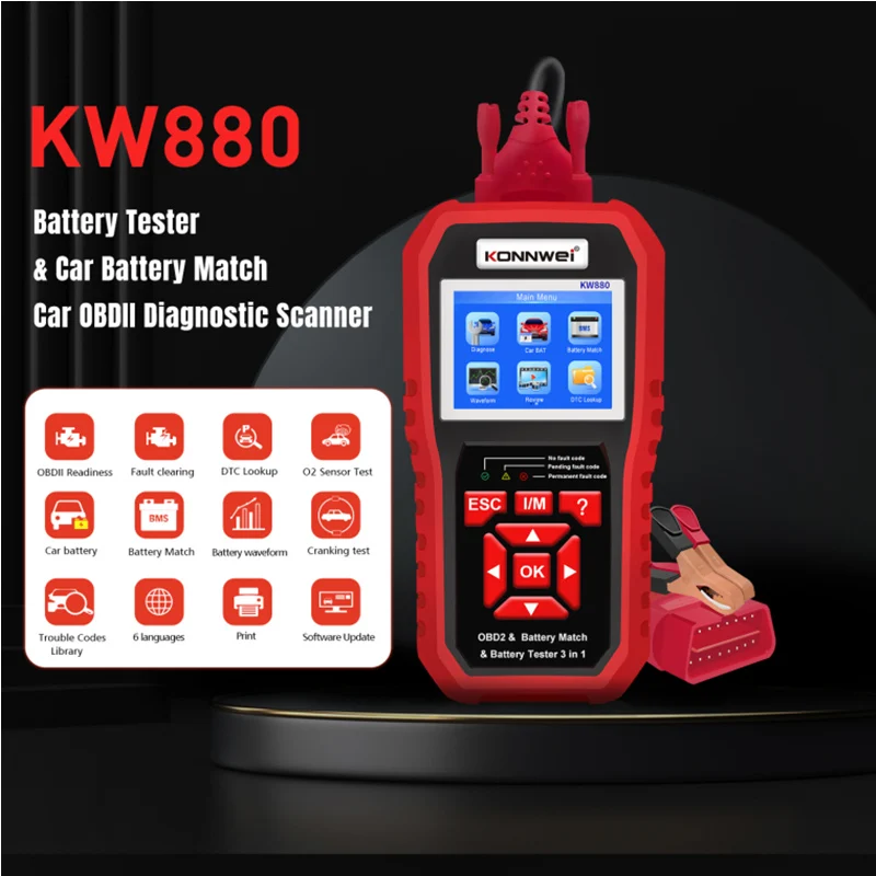 KONNWEI KW880 Car OBD2 Diagnostic Tools Auto Fault Diagnosis Instrument Battery Detector Battery Matching Three Functions In One