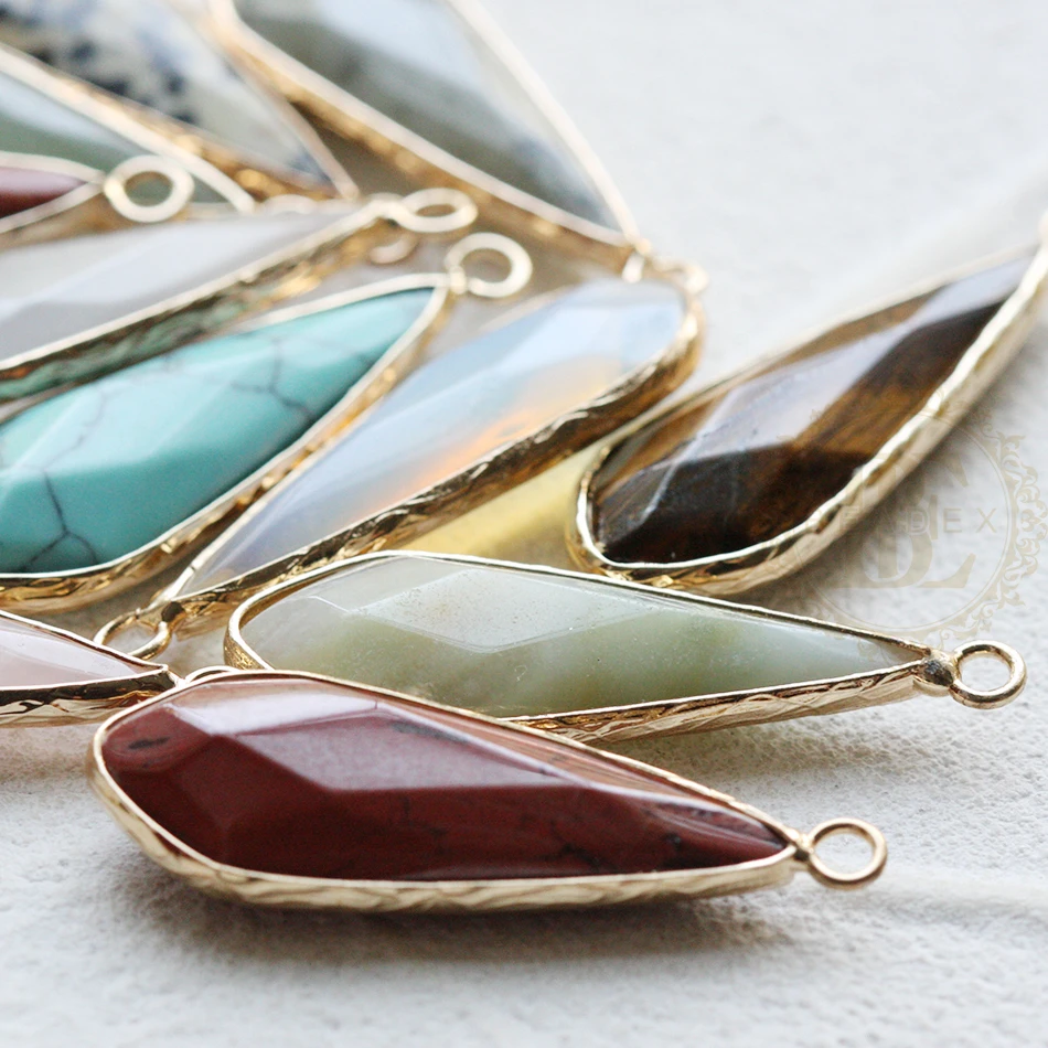 One Piece Semi Precious Stone - Plated Framed Stone Beads - Faceted Teardrop 37x12mm(G443-2)