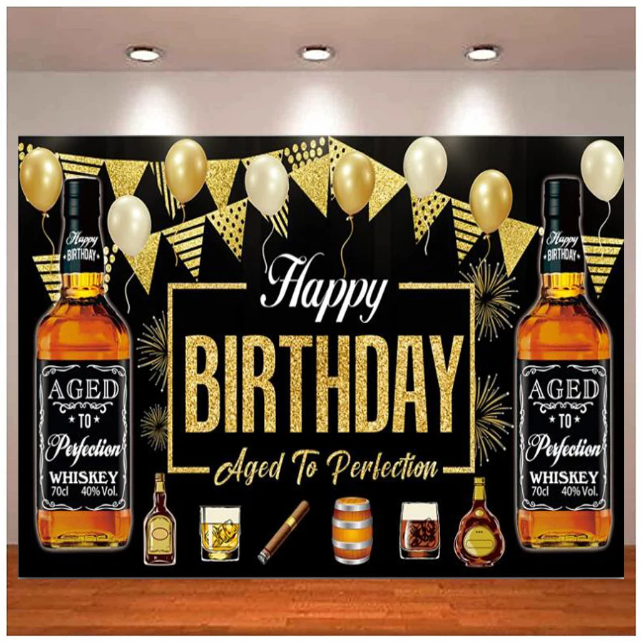 Schwarzes Gold gealtert bis zur Perfektion Hintergrund Party Dekor Whisky Cheer und Bier Themen alles Gute zum Geburtstag Banner Fotografie Hintergrund