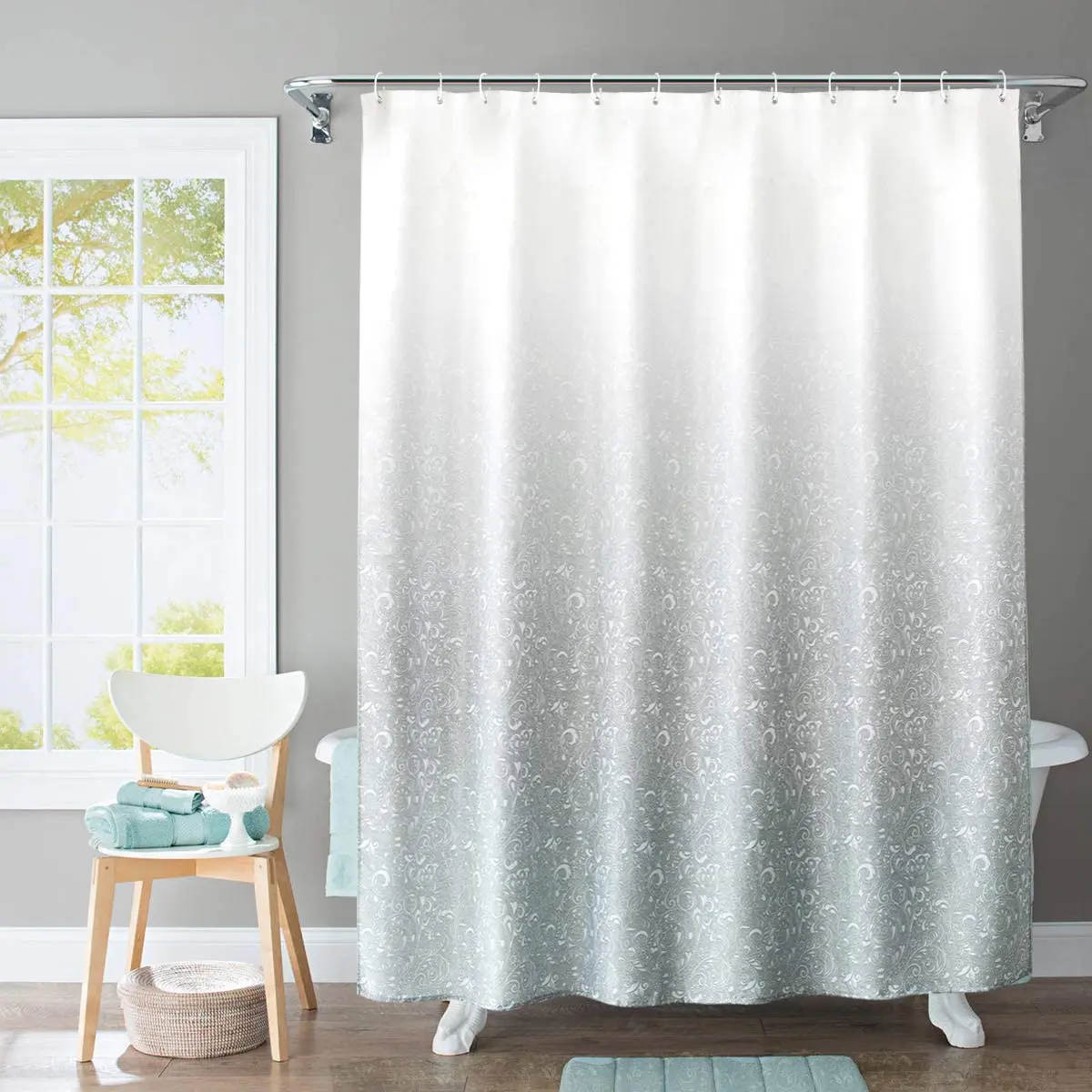 Shower curtain polyester machine washable with 12 hooks （Gradient light blue）