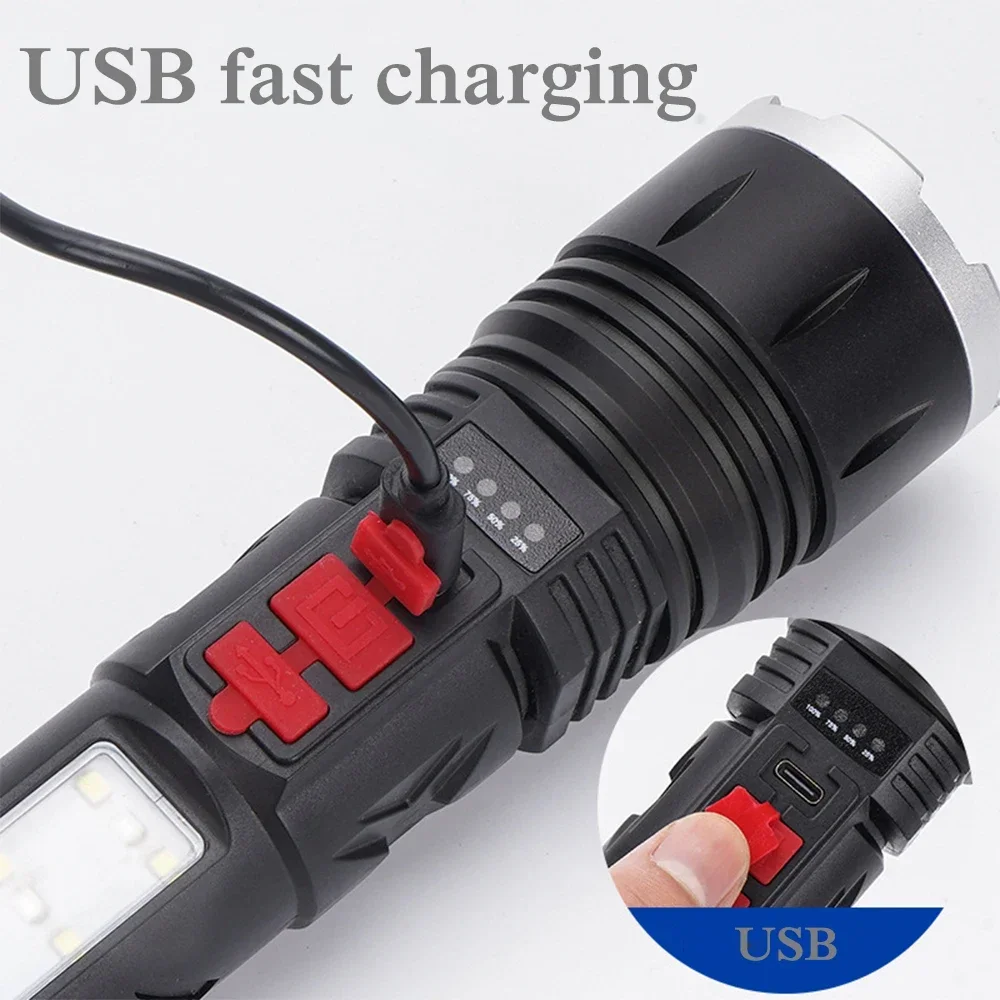 High Lumens P50 LED Flashlight Type-C USB Rechargeable Flashlights Telescopic Zoom Torch with a buzzer alarm