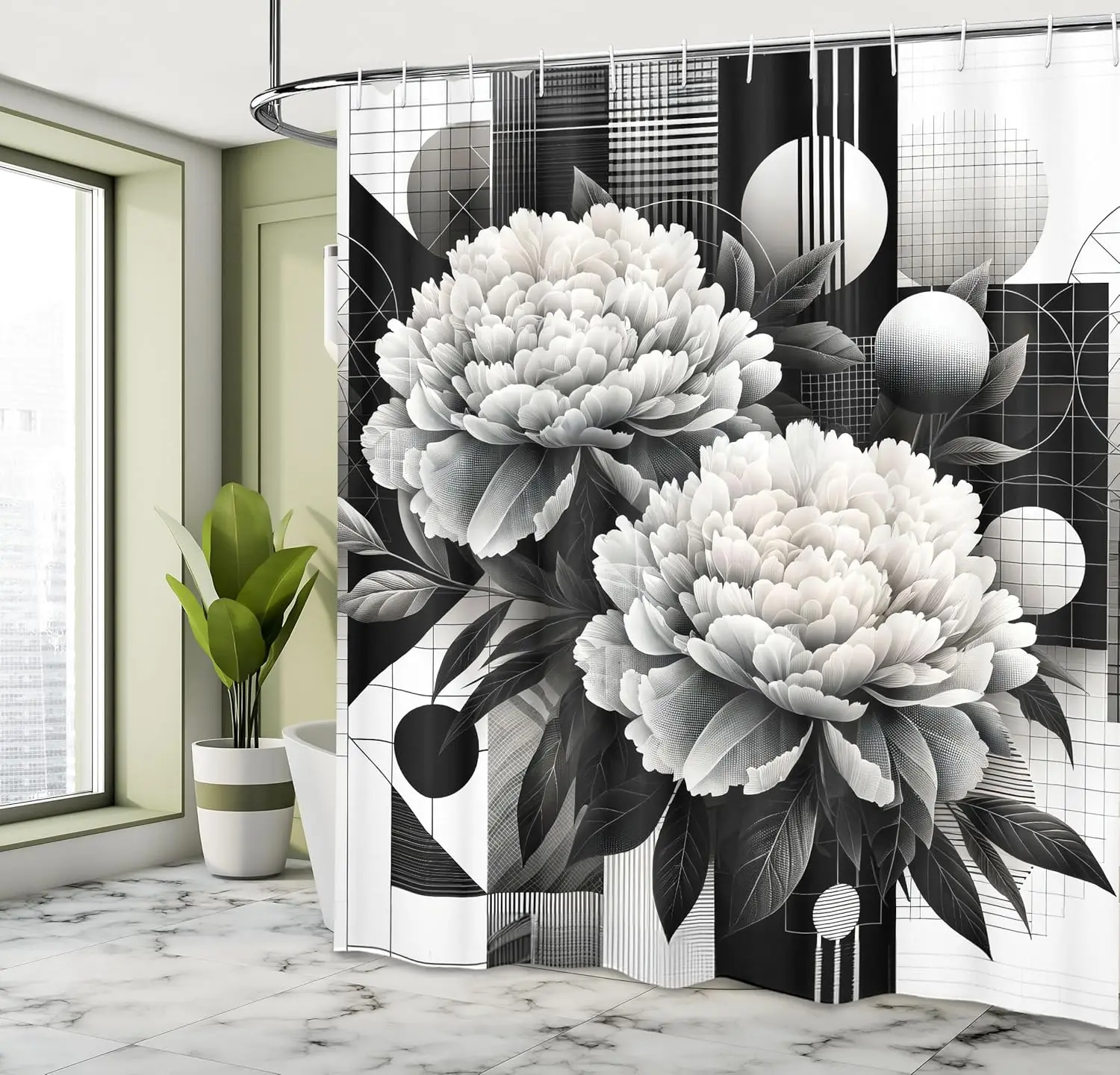 

Черно-белая занавеска для душа, цветы пиона на современных геометрических мотивах середины века, тканевая ткань для ванной комнаты