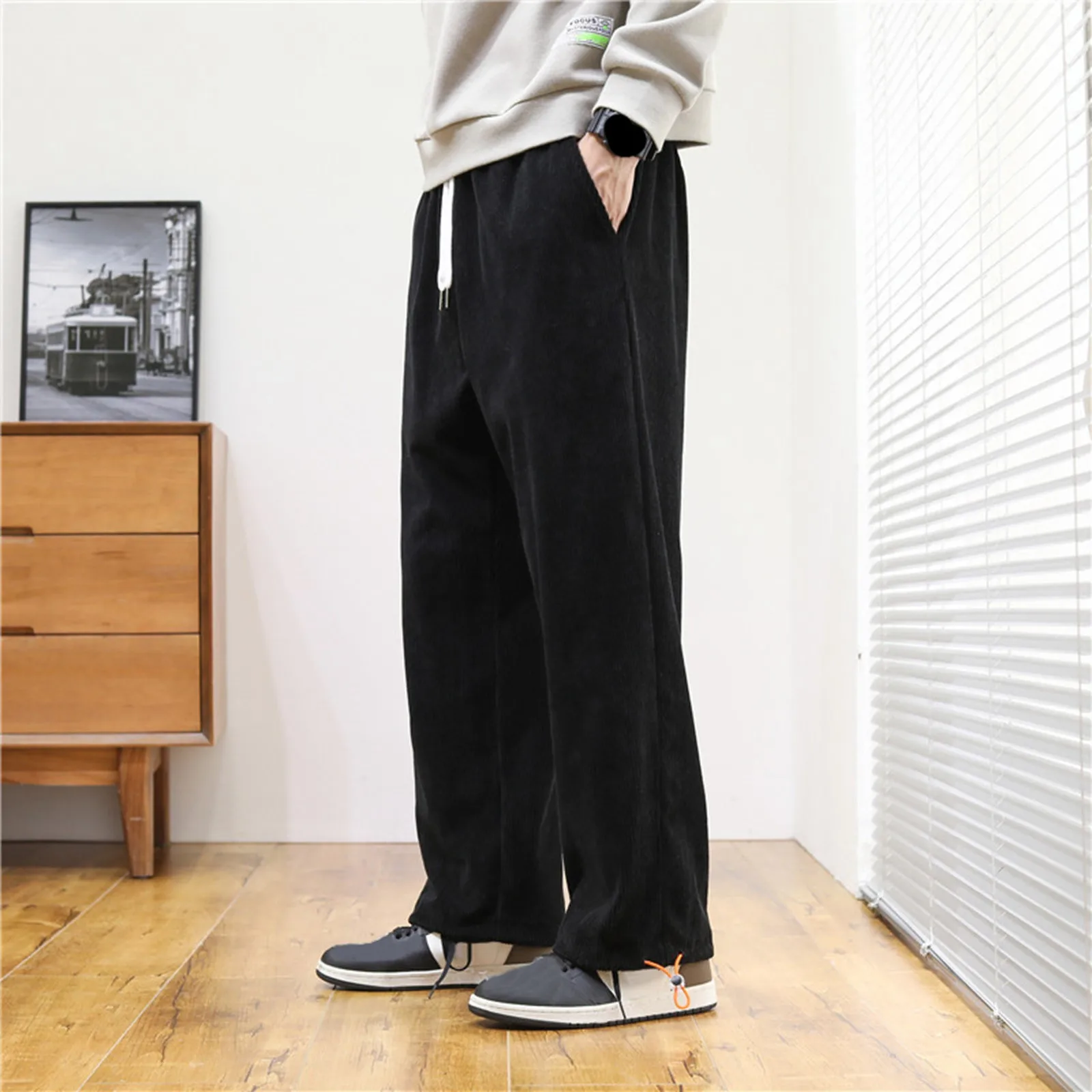 

Men'S Corduroy Cargo Pants Elastic Waist Drawstring Sweatpants Fashion Loose Casual Long Trousers Streetwear Loose Sweatpants
