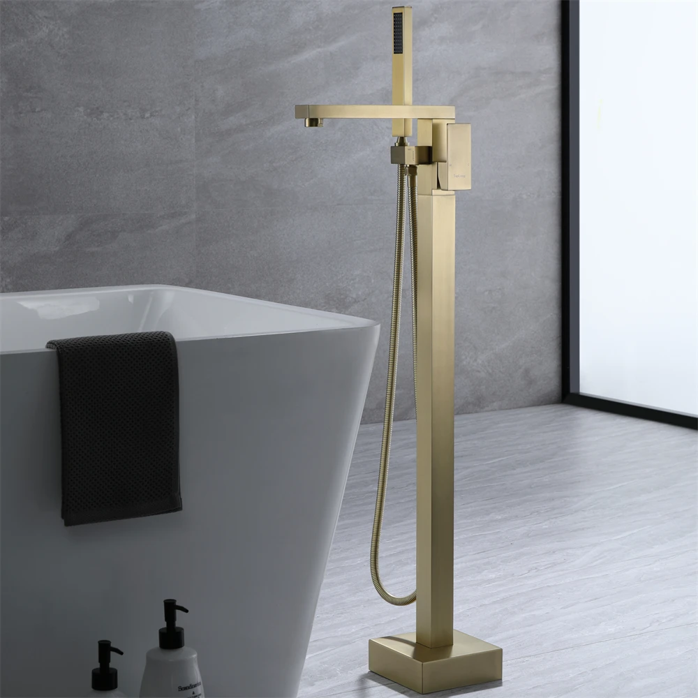 Original brand newBrushed Gold Freestanding Faucets Floor Stand Bath Tap With Handheld Shower