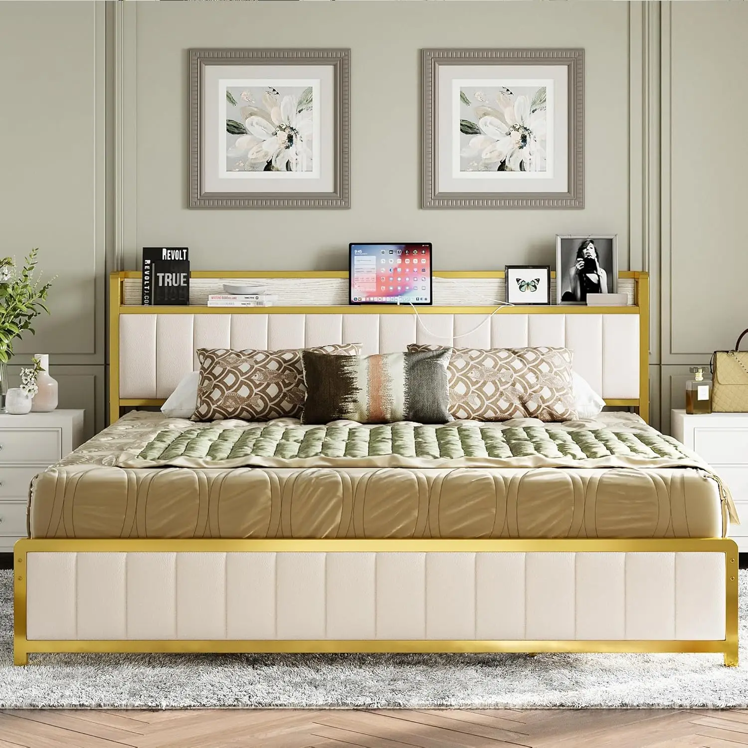 King Bed Frames com Estação De Carregamento, Cabeceira De Armazenamento, Sólido e Estável, Sem Ruído, Sem Mola De Caixa Necessária, Fácil Montagem, Sem Caixa