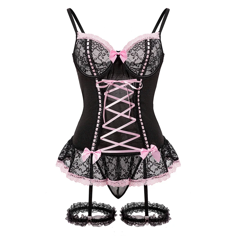 

Women's Sexy Bra Set Underwear Lingerie Lace Patchwork Bowknot Sexy Bra And Panty Garter Set Sleepwear