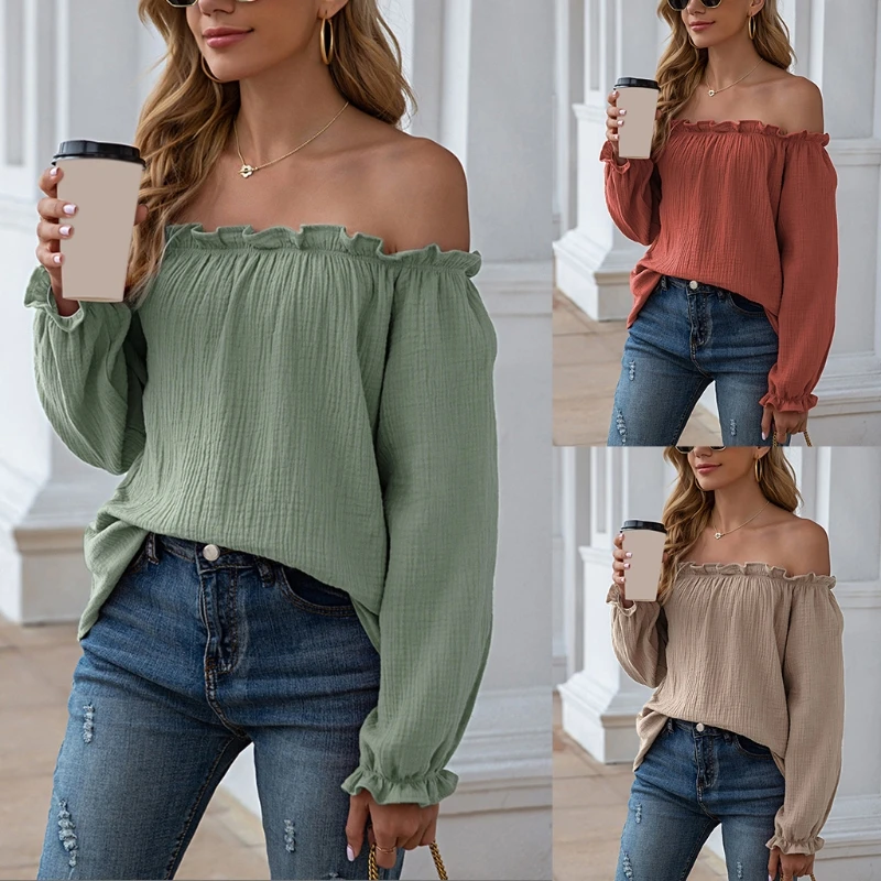 

Spring Women's Stitching Long-sleeved One-shoulder Long-sleeved T-shirt O-neck Sexy Drop-shoulder Loose Top Women Clothing