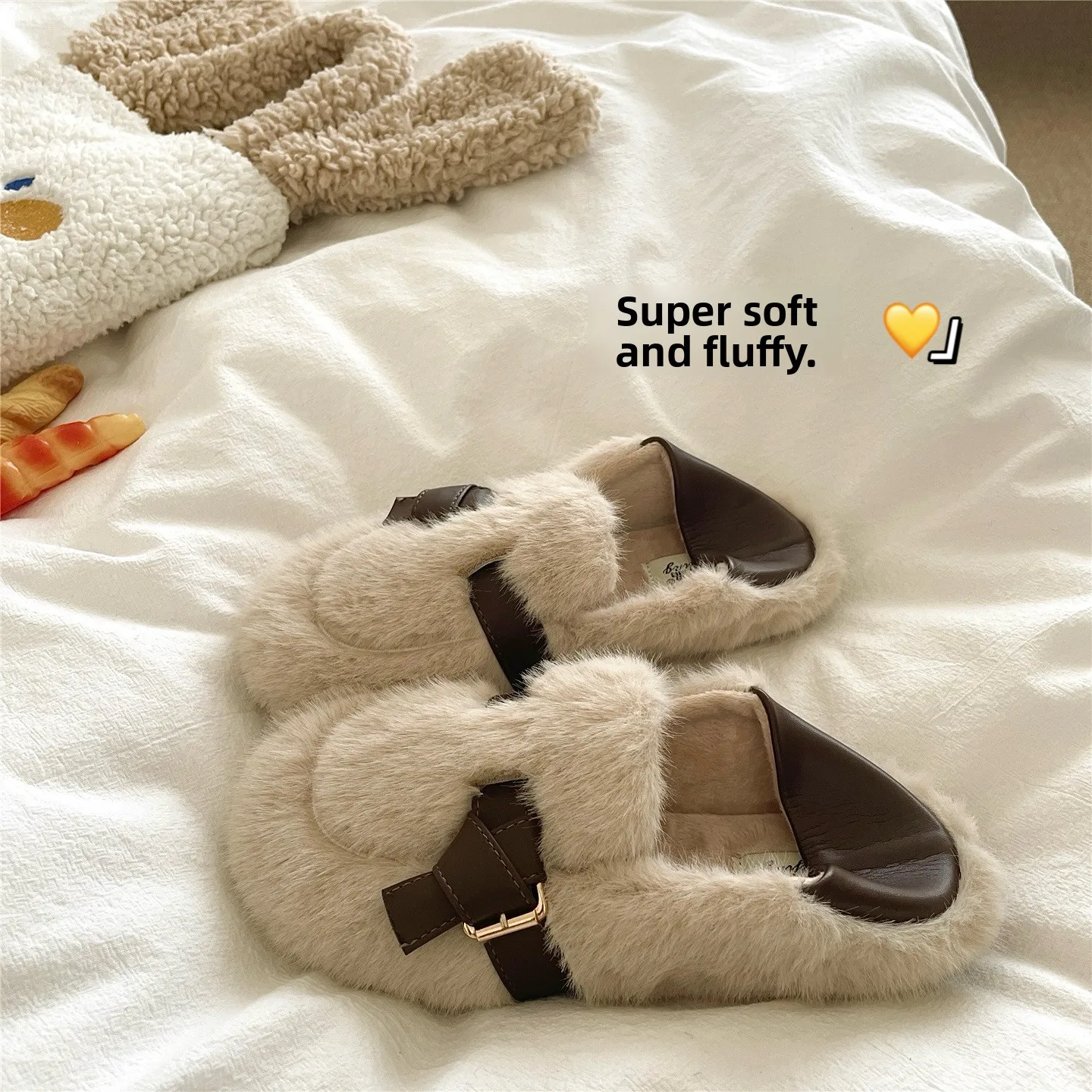 Furry Slippers Women's Winter Anti-slip Indoor Outdoor Wear Warm Cotton Shoes with Heel Comfortable Lazy Women Shoes